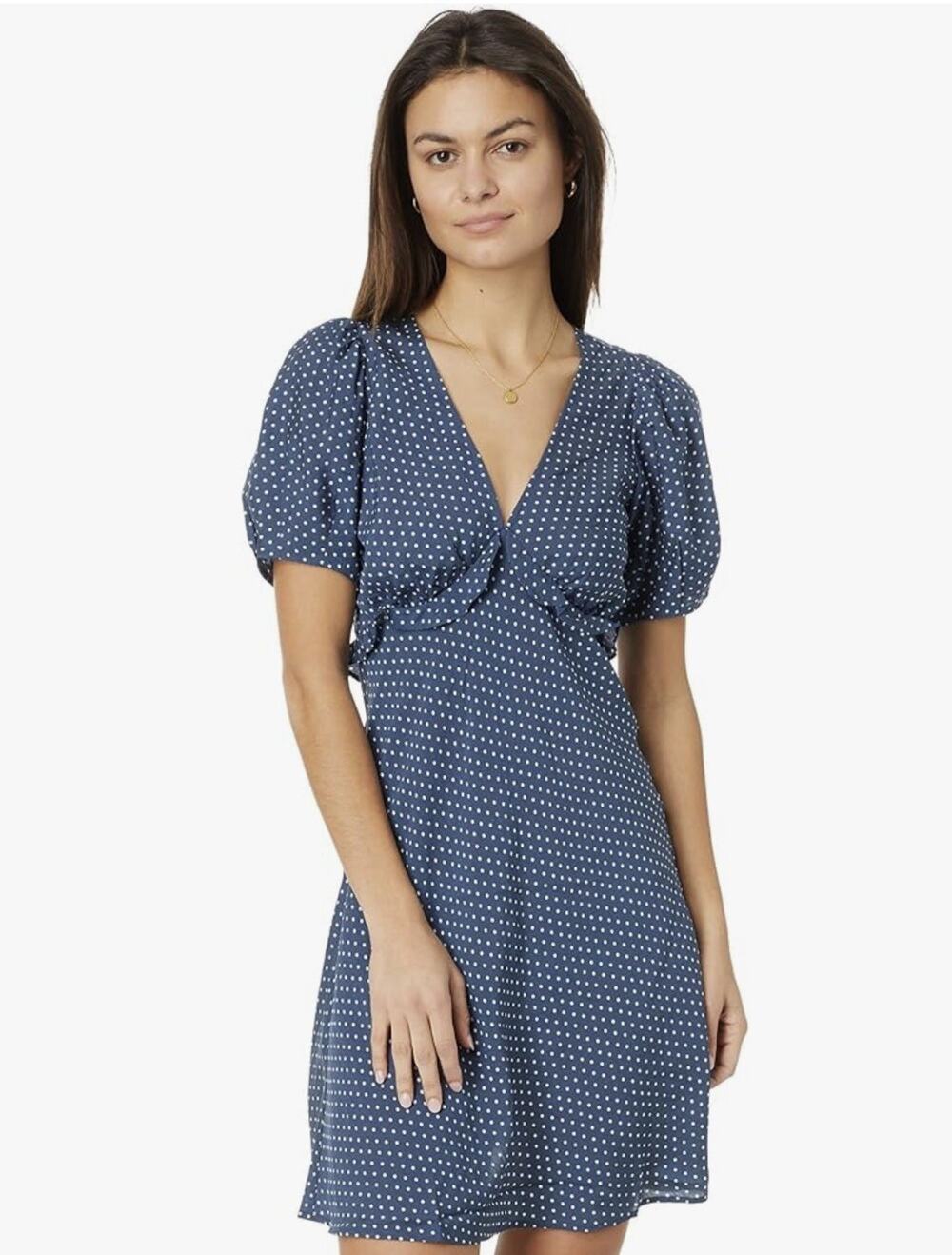 Madewell Mollie Navy Blue Polka Dots V-neck Puff Sleeve Ruffle Mini Dress Sz 14